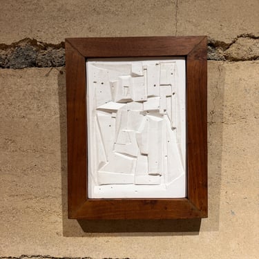 Mid-Century Modern Artwork Brutalist Cubist Plaster Relief Sculpture 