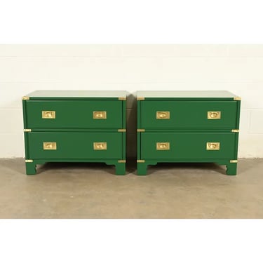 Drexel Heritage Mid-Century Hollywood Regency Campaign Green Lacquered Nightstands | Pair