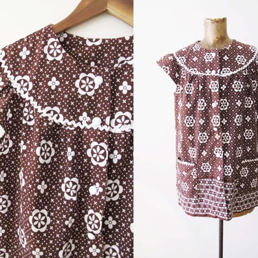 Vintage 60s Brown White Cotton Bib Blouse M - 1960s Floral Geometric Button Up Top Ricrac Trim - Retro Style 