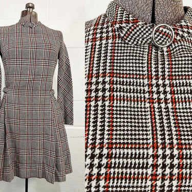 Vintage Houndstooth Dress Glen Plaid Prince of Wales Check Pattern Mod A’nr Jr. Pleated Skirt Mod O-Ring Long Sleeves 1960s Small 