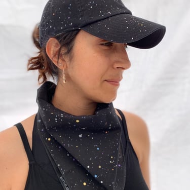 Hand-Painted Space Hat: Glitter Metallic Black Cotton Ball Cap 
