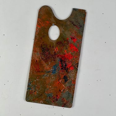 Vintage Artist's Elongated Painting Palette With Red Remnant Oil Paint 