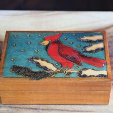 Vintage Linden Wood Bird Trinket Box, Retro Dresser Decor, Male Cardinal perches on Snowy Pine Tree Branch, Hand Crafted Polish Keepsake Box 