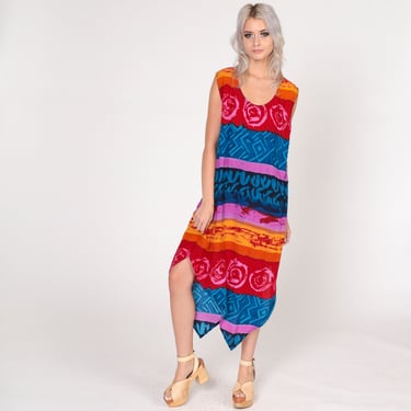 Hippie Dress Y2K Boho Midi Dress Sharkbite Hem Striped Abstract Print Day Sun Bohemian Sleeveless Red Blue Orange Pink Vintage 00s Large 