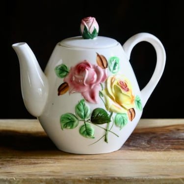 Vintage Rose Teapot, Retro Kitchenalia, Pretty Embossed Pink & Yellow Flower Teapot with Rosebud Finial, Collector Gift, Cottagecore Charm 
