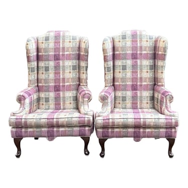 Lambert Furniture Queen Anne High Back Wingback Chairs - A Pair 