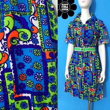 Groovy Vintage 70s Day Glo Blue Orange Green Psychedelic Patterned Shirt Dress 