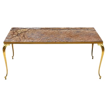 Vintage Italian Hollywood Regency Rectangular Brown Marble & Brass Coffee Table