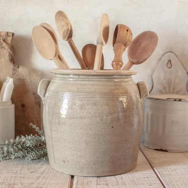 Large Antique French Beige Glazed Stoneware Confit Pot 