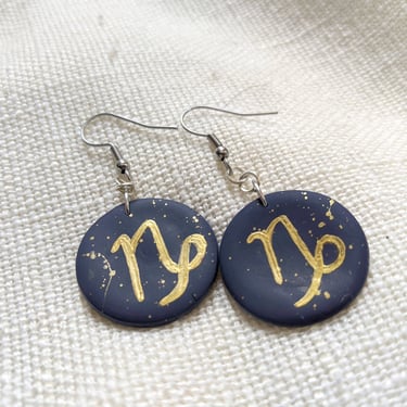 Clay Earrings | Handmade, Hand-painted Capricorn Dangle Earrings | Polymer Clay and Stainless Steel | 1-inch Round Dangle Earrings 