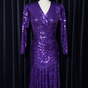 1980s Oleg Cassini Ultraviolet Sequin Fit & Flare Ruched Sheath Dress 