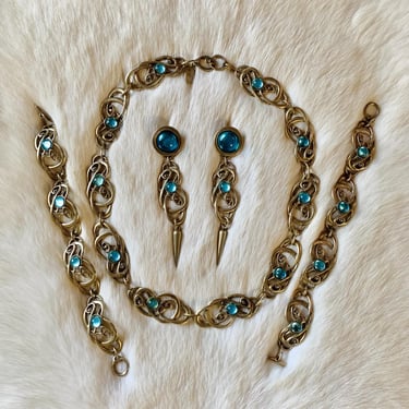 Vintage GEORGIOU Art Nouveau Style Jewelry Set / Ethereal Brass Choker / Gold Dangle Earrings / Antique Style / Bohemian Goddess / Whimsical 