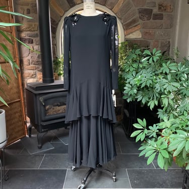 Vintage 1980s Black Crepe Sequin and Bead Evening Dress Ursula of Switzerland Deadstock 