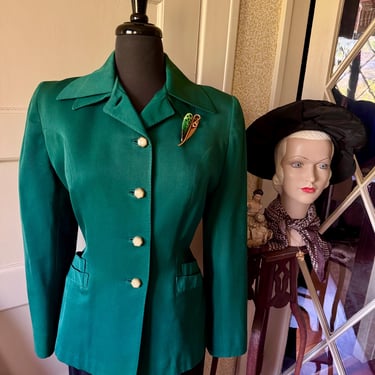 Vintage 1940s Women’s Green Gabardine Blazer Jacket - Medium 