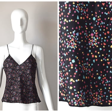 vtg 1970s August Max black and colorful confetti v-neck flutter spaghetti strap disco tank top | 1970s size Medium | party evening camisole 