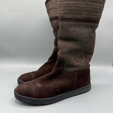 CHANEL, CC Logo Suede Mid-Calf Boots, 40.5