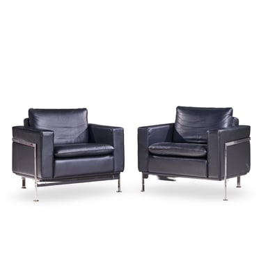 Robert Haussmann for De Sede Mid Century Black Leather Chairs - Pair - mcm 