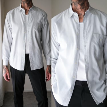 Vintage 80s MONDO di MARCO Ivory & Black Textured Dash Stripe Single Pocket Dress Shirt | Made in Italy | 1980s Italian Designer Mens Shirt 