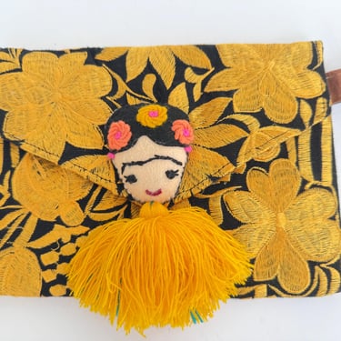 Frida Kalo Yellow and Black Embroidered Clutch, Mexican Folk Art Puse, Embroidered Doll Envelope, Collectors Purse Embroidered, Fringe Purse 