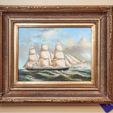 Oil Painting Of Clipper Ship in Gilt Frame