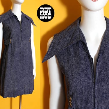 Awesome Vintage 70s Blue Jean Style Sleeveless Zip-Up Dress with Huge Collar 
