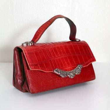 Brighton Red Leather Croc embossed Clutch purse Silver Y2K vintage hand bag small 