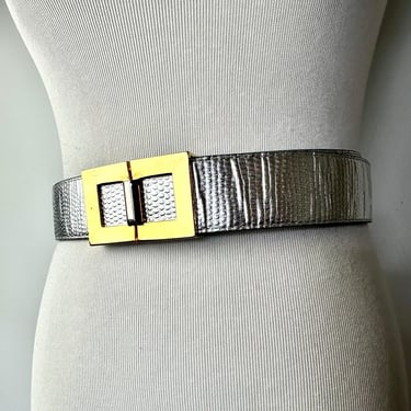 Vintage Silver lizard belt with bright gold buckle~ semi wide dress belt~ 1980’s Emanuel / size M 