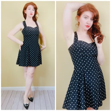 1980s Vintage My Michelle Polka Dot Mini Dress / 80s / Eighties Cross Back Fit and Flare Dress / Size Small - Medium 