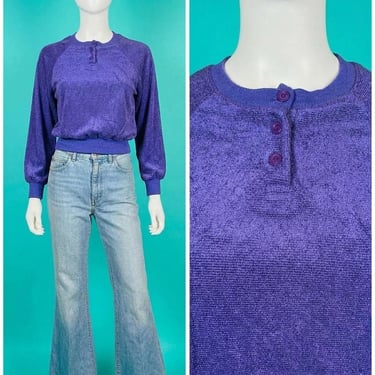 Vintage 1970s Basic Periwinkle Purple Nylon Terry Top Size S 