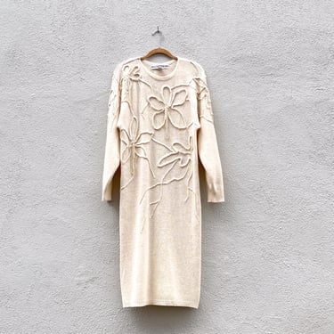 Vintage 80s Nancy Johnson for Prisma Cream Wool Angora Floral Beaded Maxi Dress 