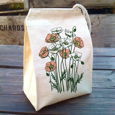 Wildflower Lunch Bag | Icelandic Poppies | Reusable Washable Canvas Lunch Tote 