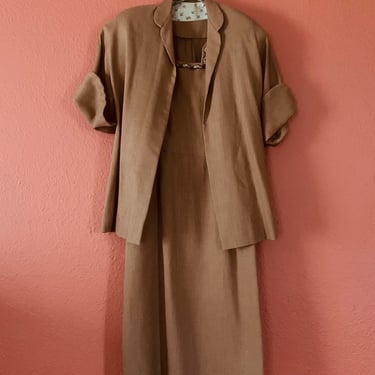 Vintage 1950s Linen Dress & Swing Jacket Set: Handmade Caramel Brown Suit (XS/Small) 