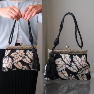 Vintage 60s Hand Beaded Botanical Leaf Print Evening Clutch Handbag w/ Tassel Strap & Kiss Lock Clasp | 1950s 1960s Mid Century Designer Bag 