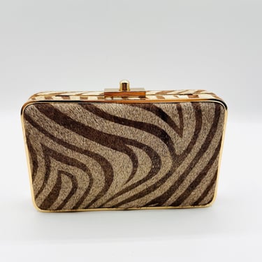 J. McLaughlin Vintage Zebra Line Fur Clutch with Gold Chain by LeChalet