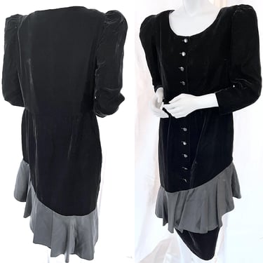 1980s LANVIN Couture, 80s Satin LBD, Vintage Black Velvet Ruffle Dress, Yves Saint Laurent Black Satin Cocktail Dress, 80s YSL Old Money Vib 