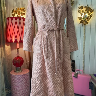 vintage 1940s blush satin quilted robe, 40s dressing gown, barbizon loungewear 