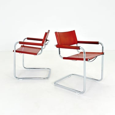 set of 2  Mid century Bauhaus Leather b34 armchairs by Mart Stam & Marcel Breuer for Fasem, Italy 1985 