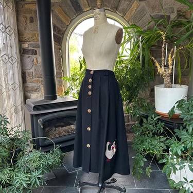 Vintage 1970s Utah Woolen Mills Black Wool Skirt Goose Applique Button Midi 