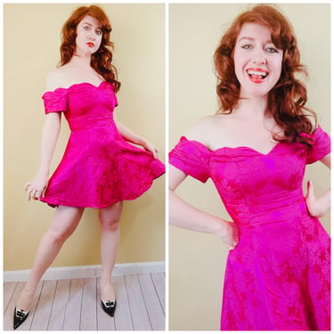 1980s Vintage All Tha Jazz Hot Pink Mini Dress / 80s Scalloped Cotton / Acetate Off Should Party Dress / Small 