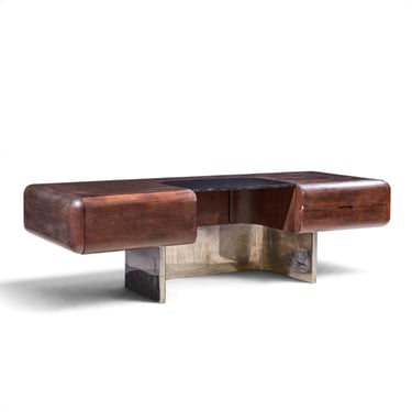 M.F. Harty for Stow & Davis Mid Century Walnut, Chrome and Glass Executive Desk - mcm 