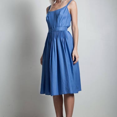 vintage 60s Nina Ricci Mademoiselle Ricci dress blue gathered accordion pleated waist scoop back sash SMALL MEDIUM S M 