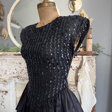 Vintage 80s Holiday Black Sequin Beaded Dropwaist Party Dress Ruffle Tiered Satin Skirt; 80s Evening Wear New Years Cocktail Dress Open Back 