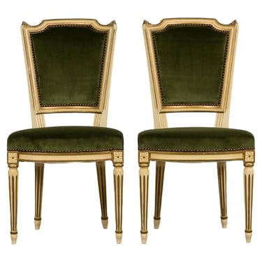 Antique French Louis XVI Style Painted Accent Side Chairs in Olive Green Velvet - A Pair 