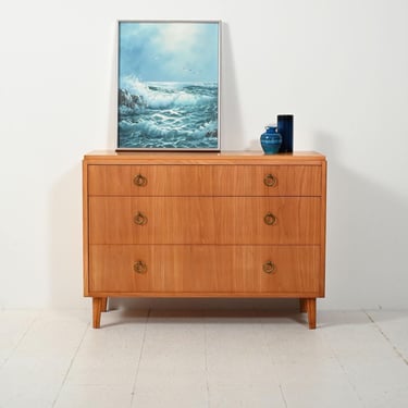 Scandinavian Art Deco Elm Dresser 1930s-40s with Brass Ring Handles, Vintage Nordic Chest of Drawers 