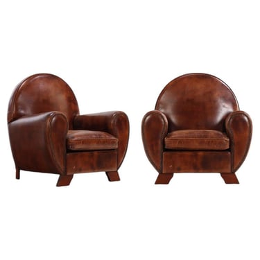 Pair of Dutch Art Deco Leather Club Chairs, 20th Century