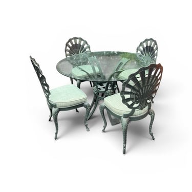 Great set of four vintage  Tropitone / Brown Jordan grotto - shell back chairs and matching table with glass top 