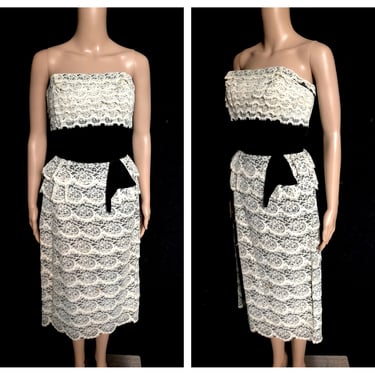 Vintage 1950's White Lace and Black Velvet Strapless Party Dress by Laurie Jane - size Small XS 