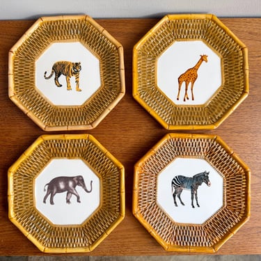 Set of 4 Vintage Empire Collection by Raymond Waites Style Octagonal Ceramic Salad Plates, Rattan Woven Bamboo Edges | Safari, Jungle, Tiger 