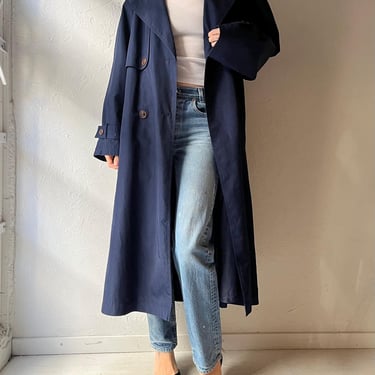 Vintage 90s 'Fen-Nelli' Navy Minimalist Dark Academia Trench Coat Classic Preppy Outerwear / Large 