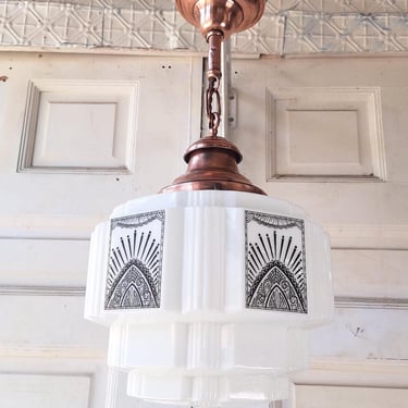 Stenciled Art Deco Skyscraper Pendant Light, Tiered Glass Shade 